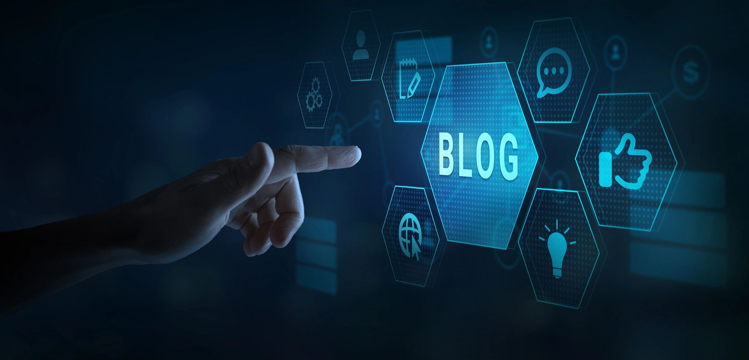 blog concept, writing a blog, touchscreen with icons.